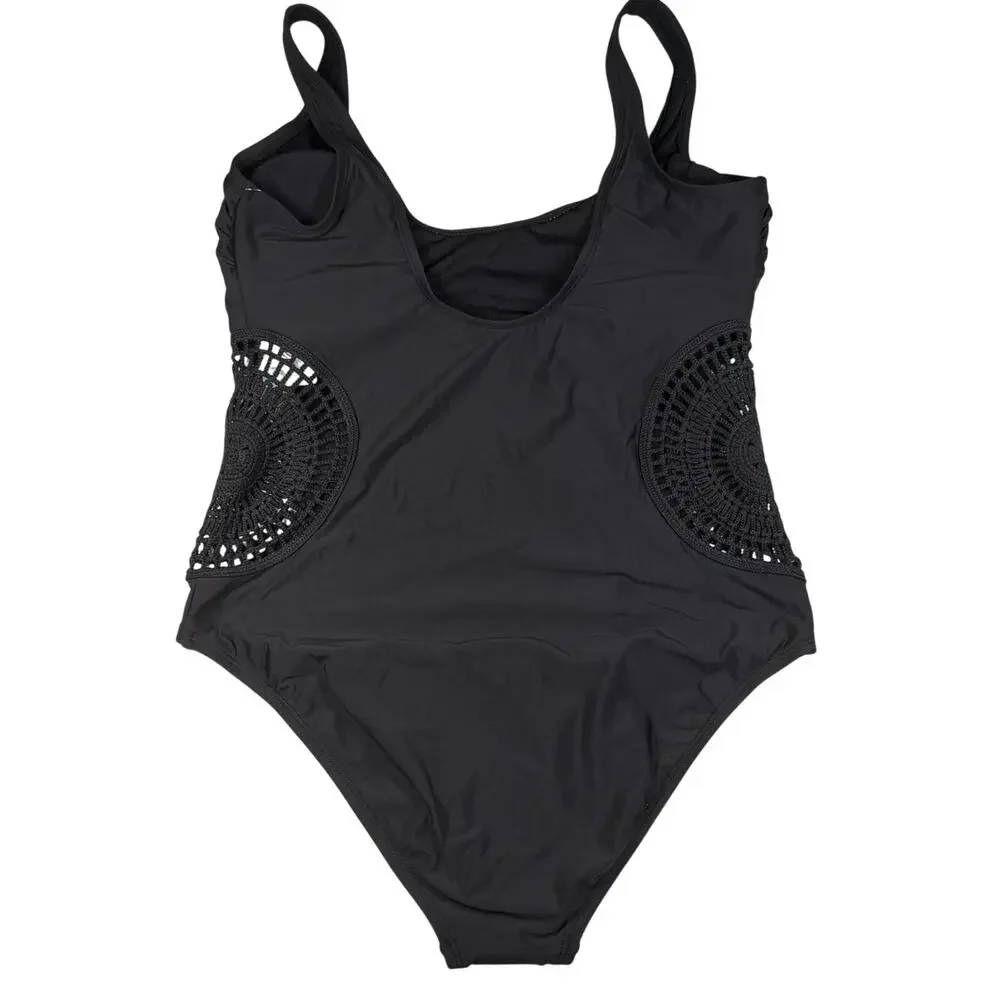 Freshwater Swimsuit Women's Large Black Crochet Side Panels Removable Pads NWT